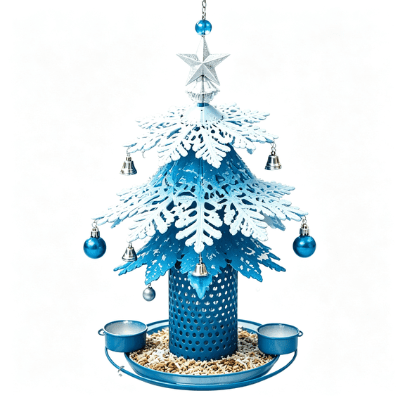 Christmas Tree Bird Feeder Festive Backyard Holiday Decor, Hanging Reinforced Metal Wild Bird Seed Feeder with Star Topper & Bells for Outdoor Garden Porch Icy Snowflake Feeder