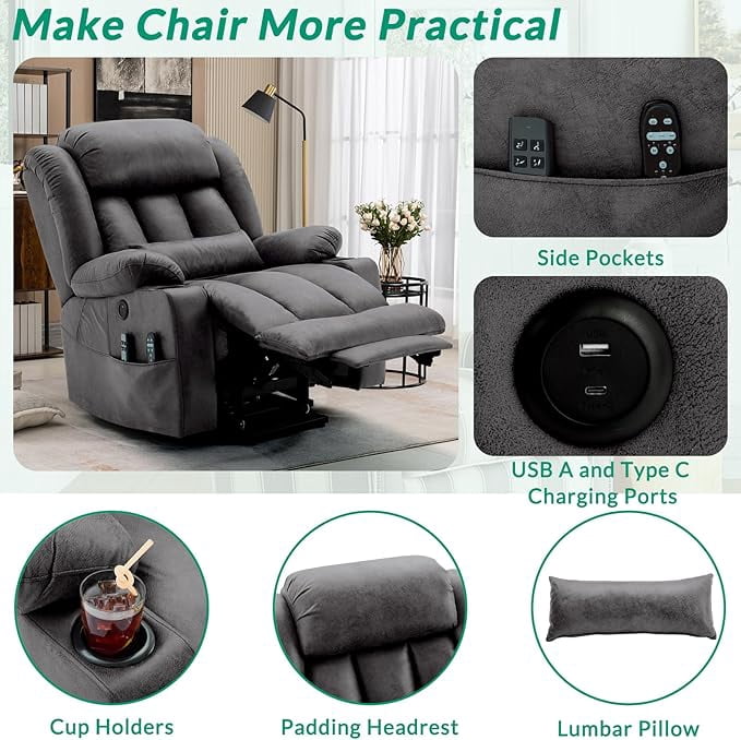 VIVIJASON Tall Man Dual Motor Power Lift Recliner, Oversized Lay-Flat Sleeper with Extended Footrest, Heat, Massage, Lumbar Pillow & USB/Type-C, Grey