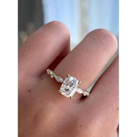 3.00Ct Elongated Cushion Cut Moissanite Solitaire Engagement Ring, Accent Band, 10K Rose Gold