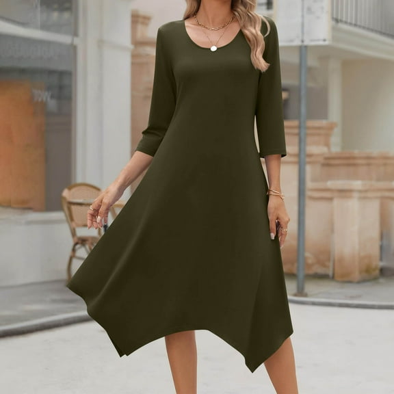 Qulqfy Guest Wedding Dresses for Women 2025 Midi Green 3/4 Sleeve Crewneck Swing Flowy Irregular Hem Dresses Dress for Women L