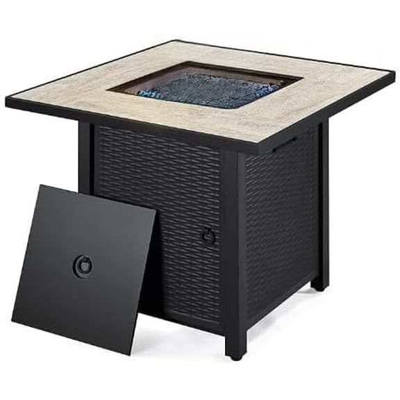 30" Black Propane Fire Pit Table – 60.000 BTU. Steel Lid   Lava Rock. Safety. Perfect for Patio Deck Garden. Square