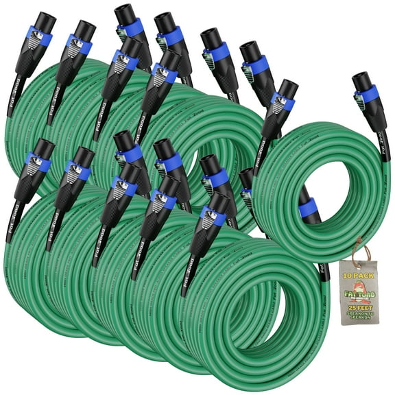 10 PACK - Speakon to Speakon Speaker Cables by Fat Toad 25ft Professional DJ Pro Audio Green PA Cords with Twist Lock Connector 12 AWG Wire for Impeccable Studio Recording & Stage Performance Gear