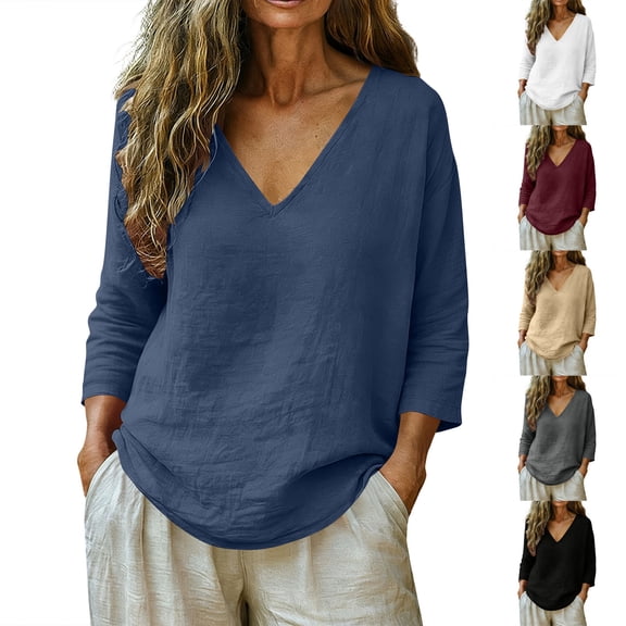 GERsome V-Neck T-Shirts for Women 3/4 Sleeve Cotton Linen Summer Pullover Tops Loose Fit Casual Plain Basic Tees,Navy,Size L