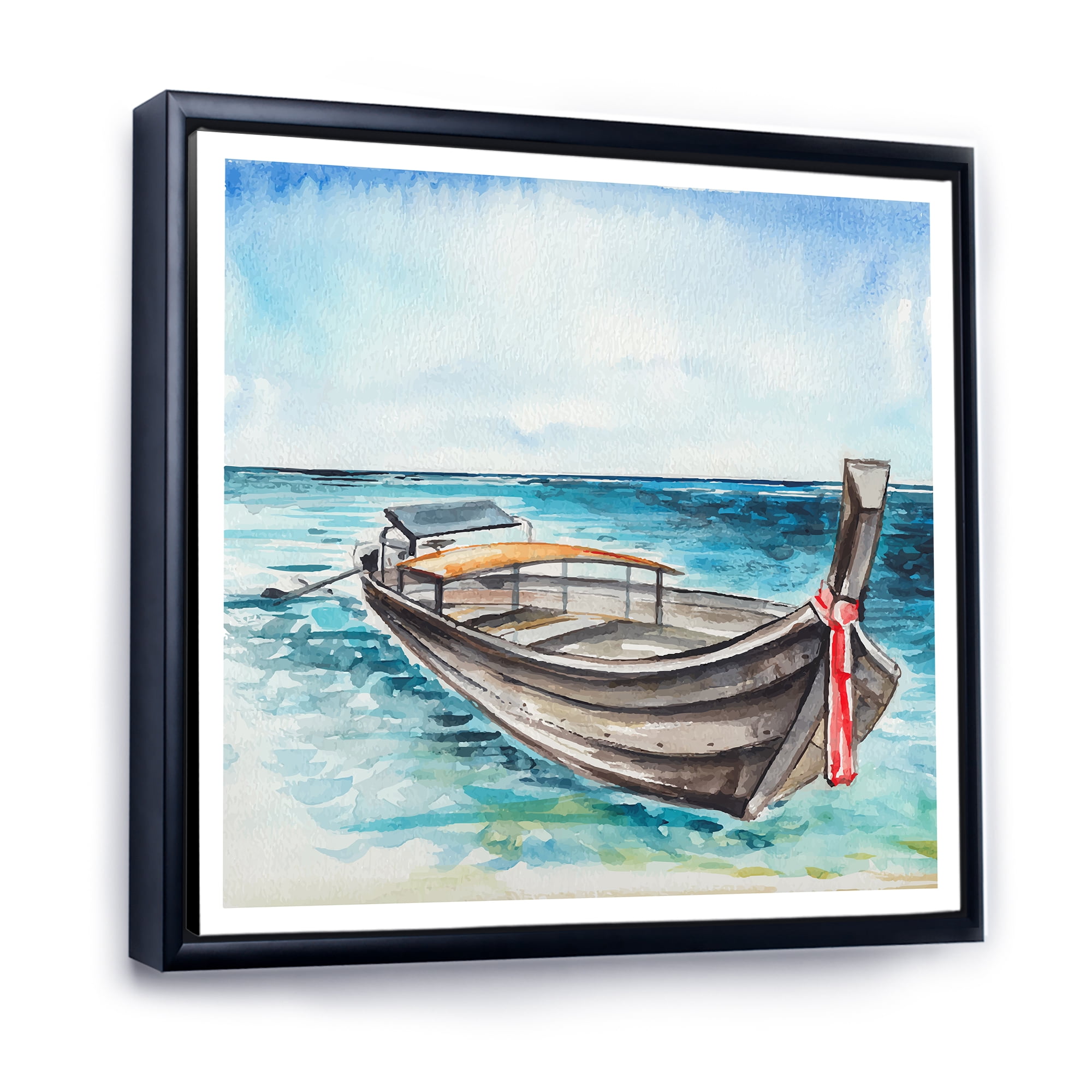 Little Boat At The Lake Shore 16 in x 16 in Framed Painting Canvas Art Print, by Designart