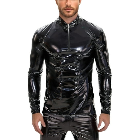 Bcfgryg Men's PU Shiny Leather Long Sleeve Casual Leather Jacket Slim Zip Stand Up Collar T Shirt Plain T-shirts Men