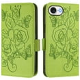 thumbnail image 2 of Designed For iPhone 16e Flip Phone Case,Embossed Butterfly&Rose Designing,PU Leather Flip Folding Kickstand,Card Slots,With Shoulder Strap&Wrist Strap,Shockproof Wallet Case,Green, 2 of 9