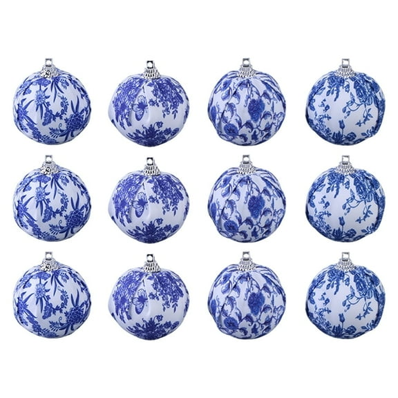 FAFA 12 Pcs Christmas Blue and White Ornaments Chinoiserie Hanging Ball Fabric Wrapped Decorations for Xmas Tree Party Supplies
