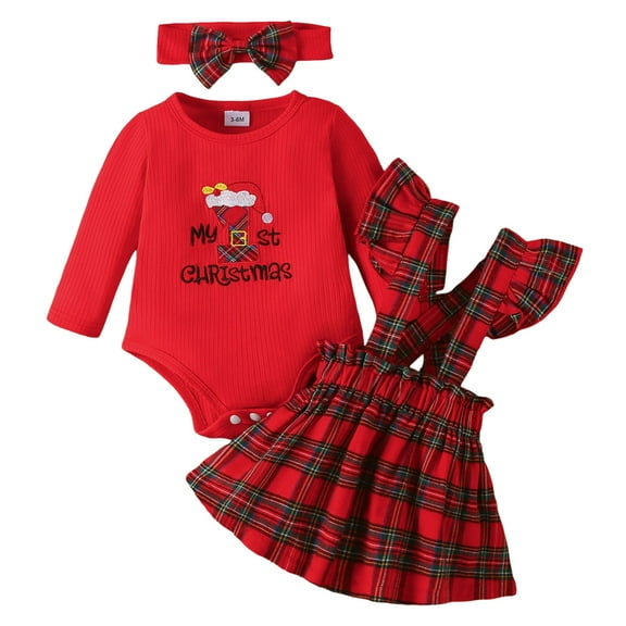 Linfrsh Baby Christmas Dress Toddler Baby Girls Christmas Two Piece Skirt Set Long Sleeve Knitted Tops with Plaid Suspender Skirt Fall Outfits Red,0-3 months