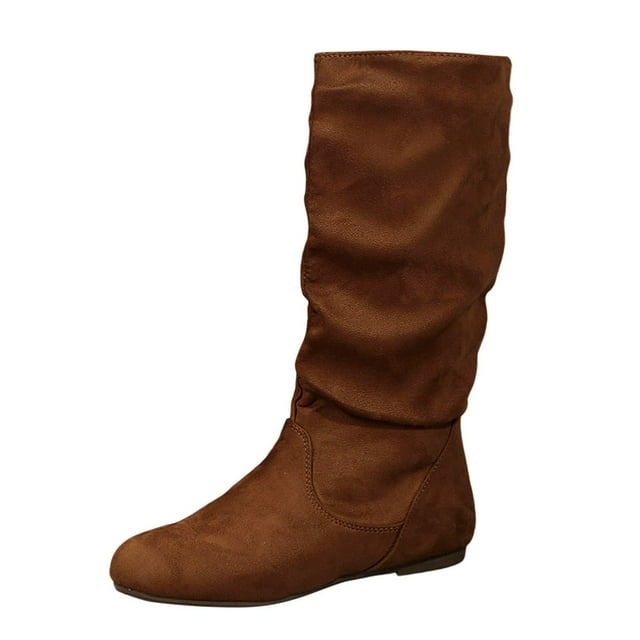 Bottes Mi-Mollet pour Femmes en Suède Élégant, Design Plissé, Confortables, Semelle Plate, Style Britannique
