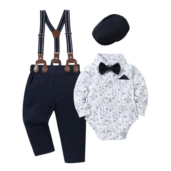 CARETOO Newborn Baby Boy Clothes 0-18 Months Outfit Formal Floral Shirt Suspender Pants Hat Tie 4pcs