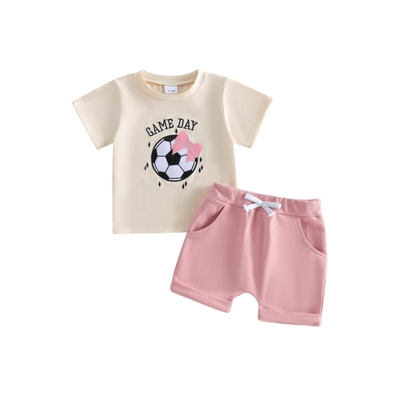 BemeyourBBs Toddler Baby Girls Football Game Day Outfits Infant Baby Girls Summer Clothes Short Sleeve Soccer Embroidery TShirt Tops Pink Drawstring Pockets Shorts Sets