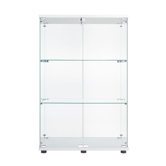 Two Door Glass Cabinet Glass Display Cabinet with 3 Shelves, White