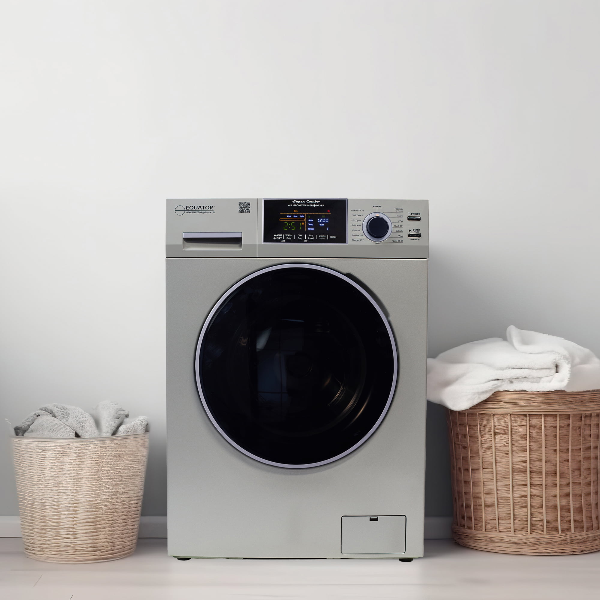 Equator Silver All-in-One Washer Dryer VENTED-DRY 30% FASTER than Condense 15lb 110V with Pet Cycle,Dual Fans and Adjustable Legs