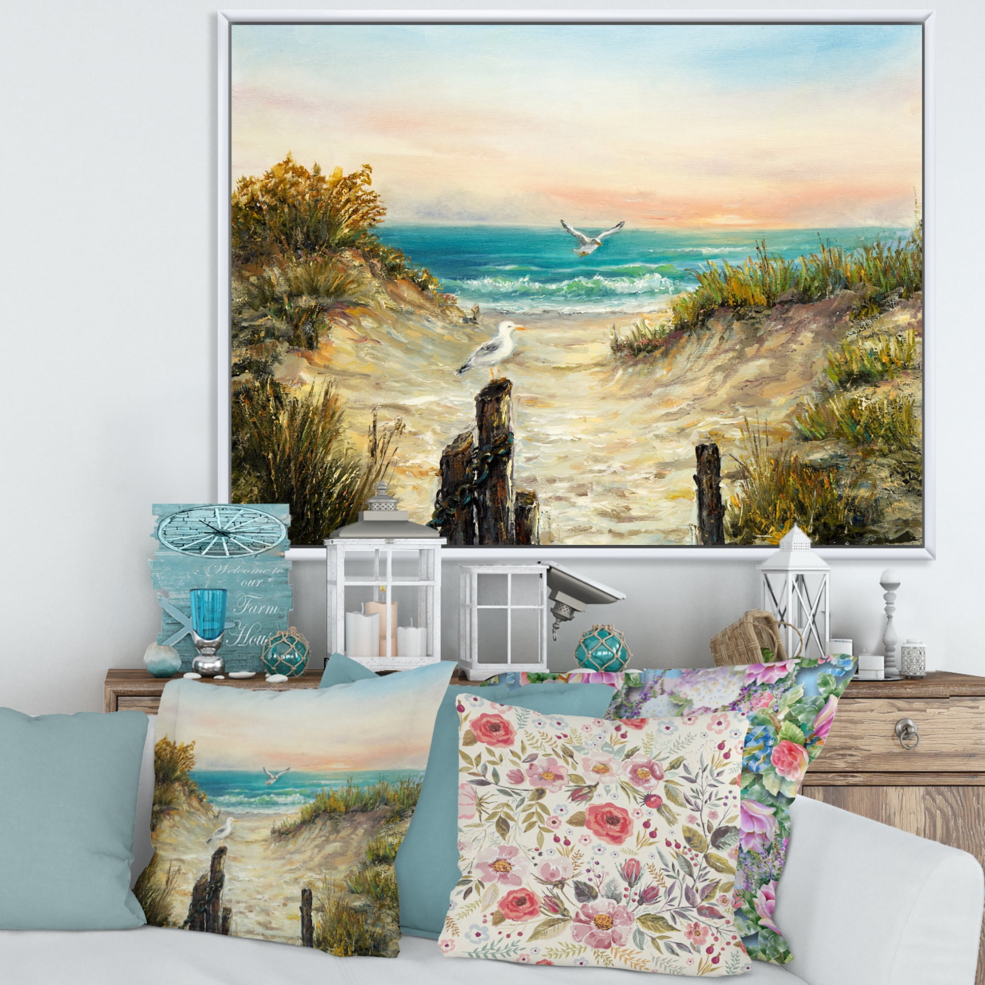 Ocean Dunes During Pink Sinset on Beach 40 in x 30 in Framed Painting Canvas Art Print, by Designart
