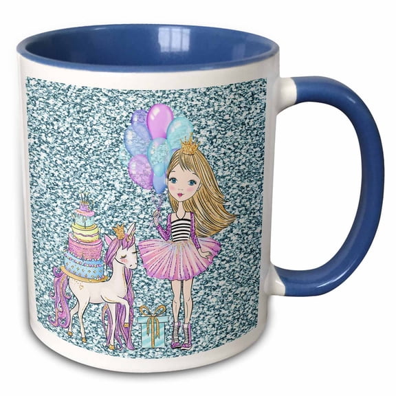 3drose, Princess and Unicorn Holding Balloons, 15oz Two-tone Blue Mug
