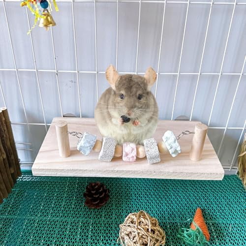 Large Syrian Hamster Wood Ledge Platform with Lava Stone Block Chew Toys Chinchilla Cage Resting Wooden Shelf for Guinea Pig Rat Mouse