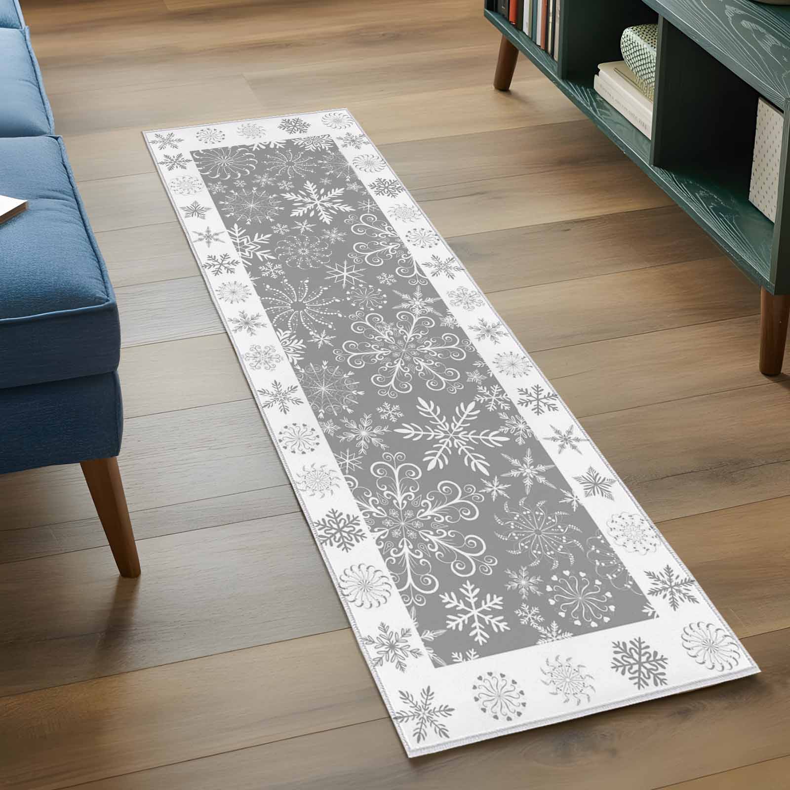 Snowflakes Christmas Kitchen Runner Rug 2x6 Washable Runners for Hallway Non Slip Grey Xmas Winter Vintage Large Area Rug Indoor Floor Carpet for Bathroom Laundry Entryway Bedroom Living Room