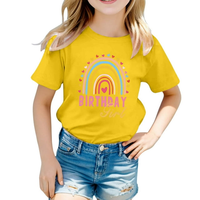 NINGMENG Juniors Filles Hauts & T-Shirts Anniversaire Imprimé Arc-en-Ciel Col Rond Manches Courtes Hauts de Fête Chandail T-Shirts Vêtements de Vacances, Jaune, 12-13 Ans
