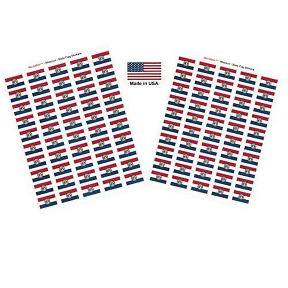 Made in USA! 100 Missouri 1.5" x 1" Self Adhesive State Flag Stickers, Two Sheets of 50, 100 Missouri Sticker Flags Total