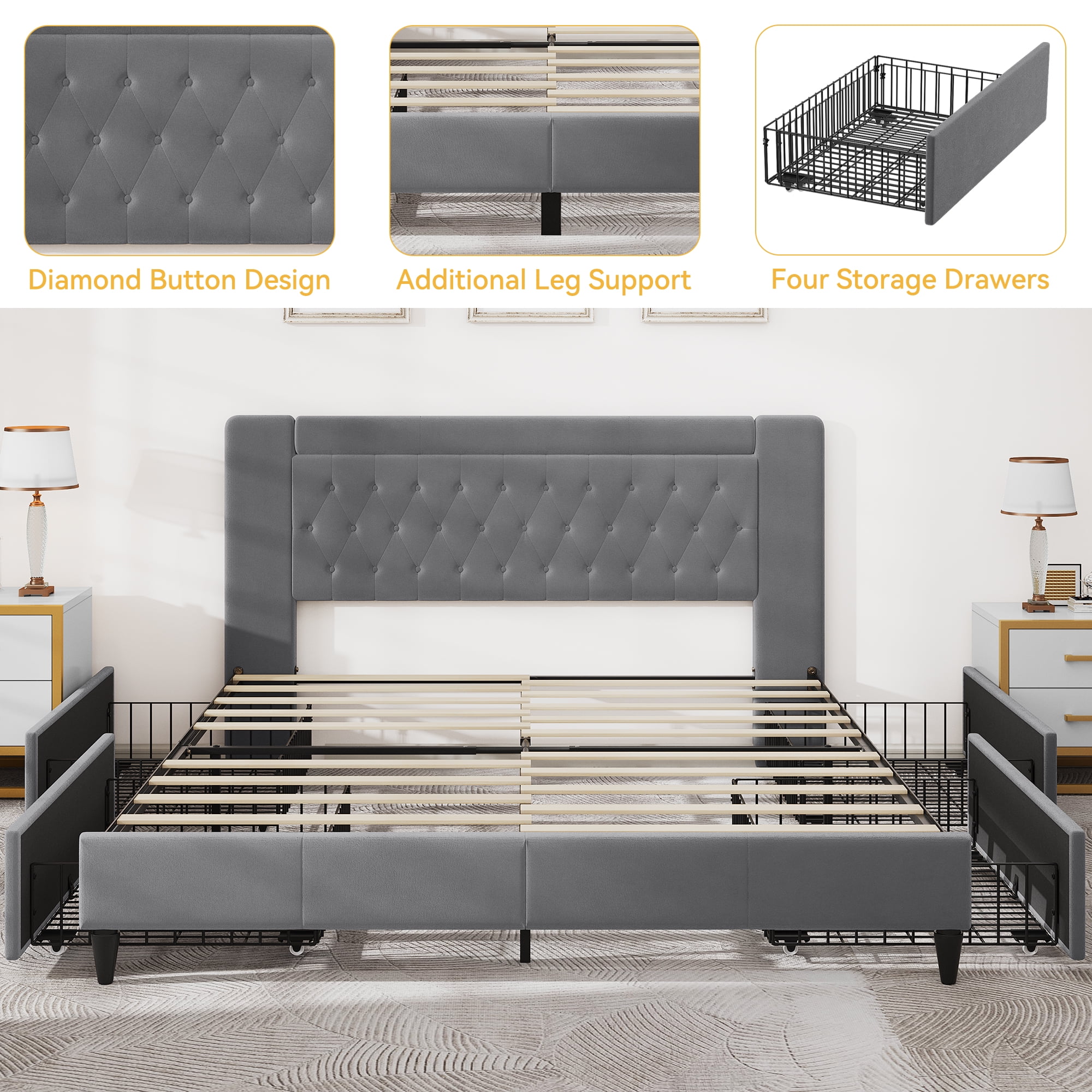 Dextrus King Size Storage Bed Frame with Button Tufted Headboard, No Box Spring Needed, Grey