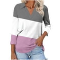 thumbnail image 2 of aidice T-Shirts pour Femmes à Manches 3/4, Col en V, Coupe Ample, Col à Revers, Hauts Printemps Été Décontractés, Doux et Confortables, T-Shirts à Blocs de Couleur, 2 of 5