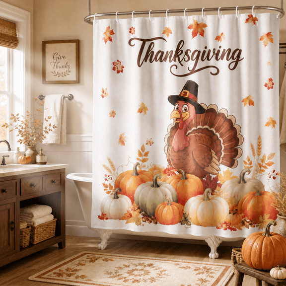 SEISSO Thanksgiving Turkey Shower Curtain Fall Leaves Pumpkins Shower Curtain Set Water Repellent Shower Curtain for Bathroom 72" W x 72" L