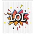 thumbnail image 3 of LOL Shower Curtain, Comic Cartoon Style Speech Bubble with LOL Text Halftone Background with Colorful Stars, Fabric Bathroom Set with Hooks, 69W X 75L Inches Long, Multicolor, by Ambesonne, 3 of 3