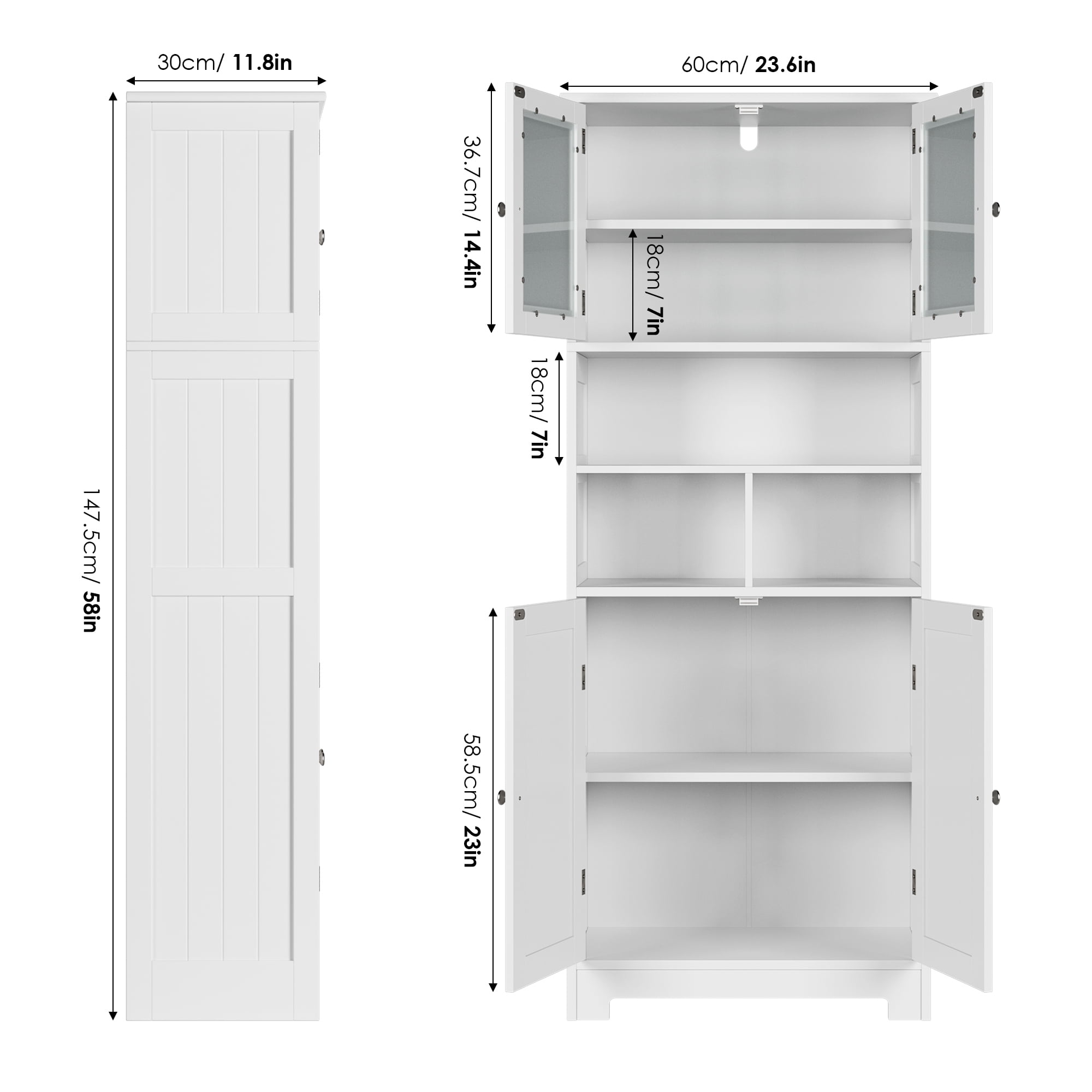 Homfa 58'' Tall Bathroom Cabinet with Doors and Shelves, Kitchen Hutch Linen Cabinet, White
