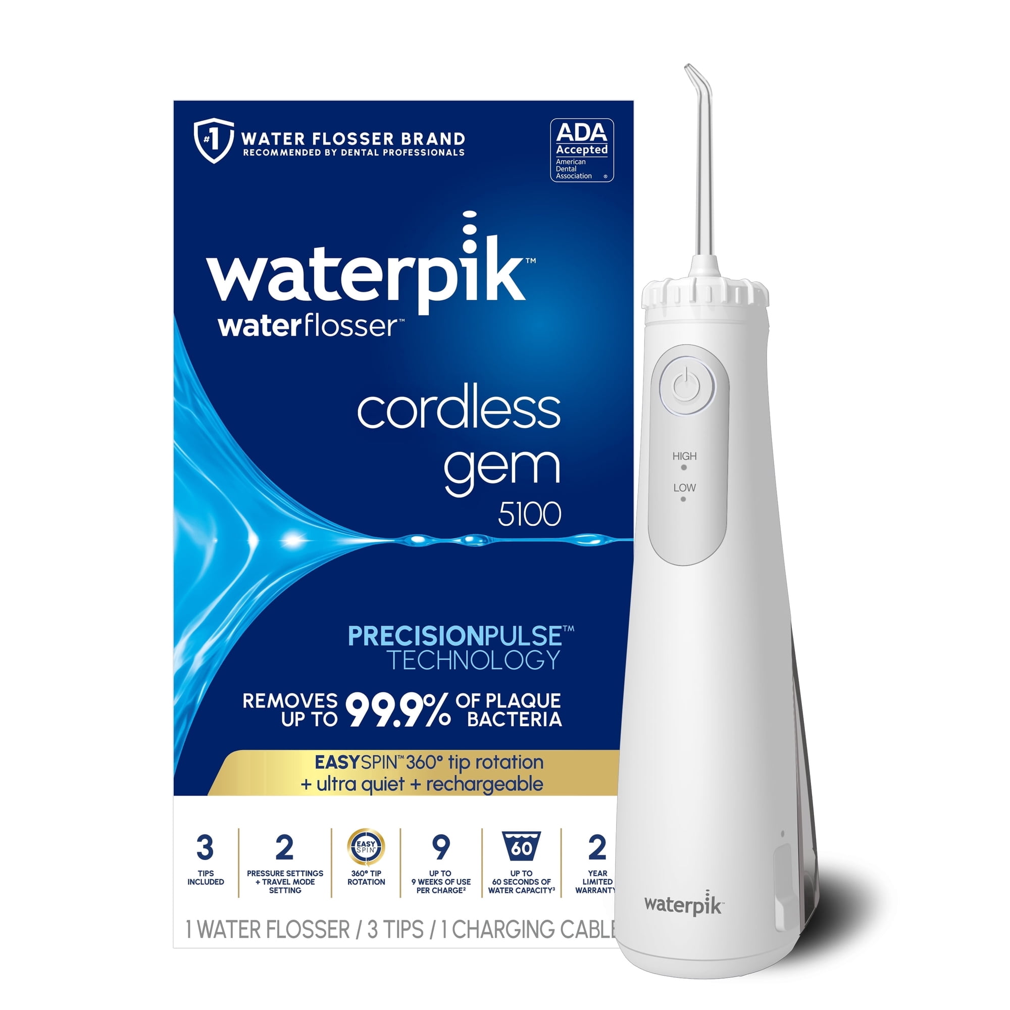 Waterpik Cordless Gem 5100 Water Flosser, 2 Settings, 3 Tips, ADA Accepted, White