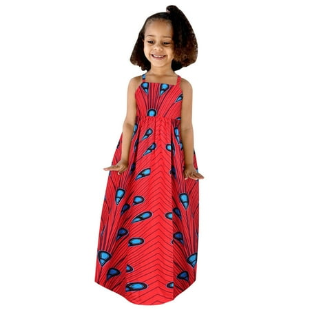 

ZMHEGW Toddler Girls Dresses Kids Baby African Dashiki Traditional Style Sleeveless Strap Ankara Princess Backless Outfits 1-6Y Dress