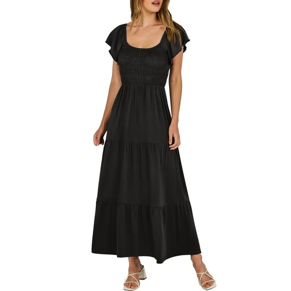 TJAZFJPA Valentines Day Dress Women Women Summer Casual Flutter Short Sleeve V Neck Smocked Elastic Waist Tiered A Line Maxi Dress Latex Dress for Women Sexy Flowy Dresses for Women