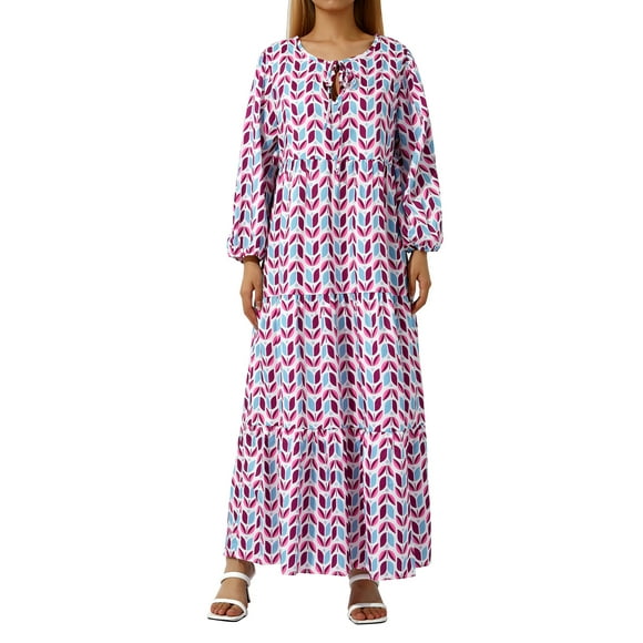 Kmbangi Femmes Géométrique Imprimé Longue Robe V-Cou Puff Manches Longues Robe de Mode en Vrac pour le Printemps, l'Été