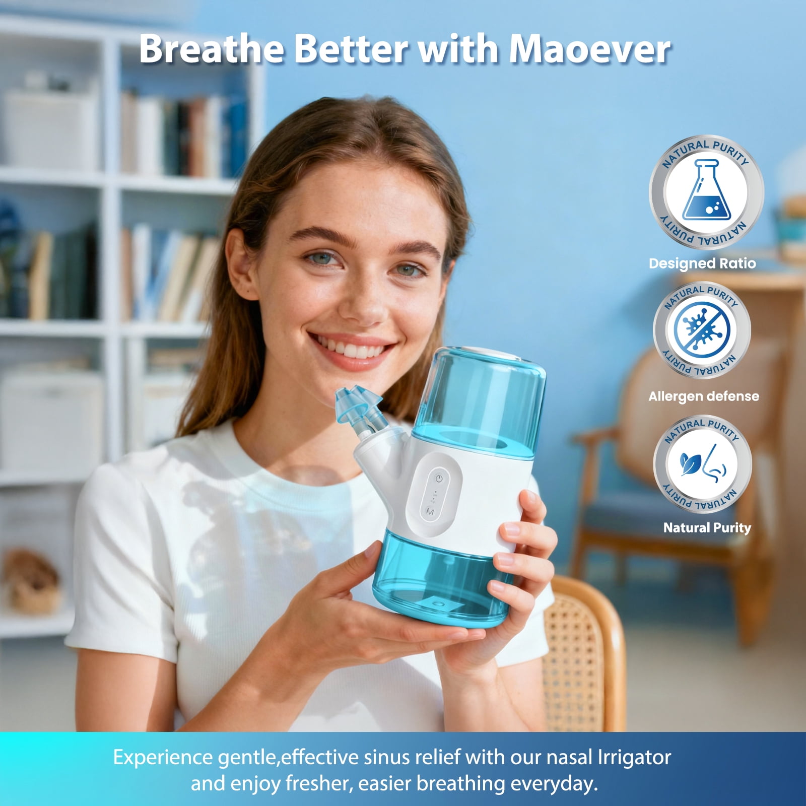 MAOEVER Nasal Irrigation System - Gentle Sinus Rinse for Nasal Congestion, Sinus Relief, Sensitive Nasal Mucosa & Dry, Irritated Noses- Dual Tank with 30 Salt Packets, Measuring Cup & 4 Tips (300mL)