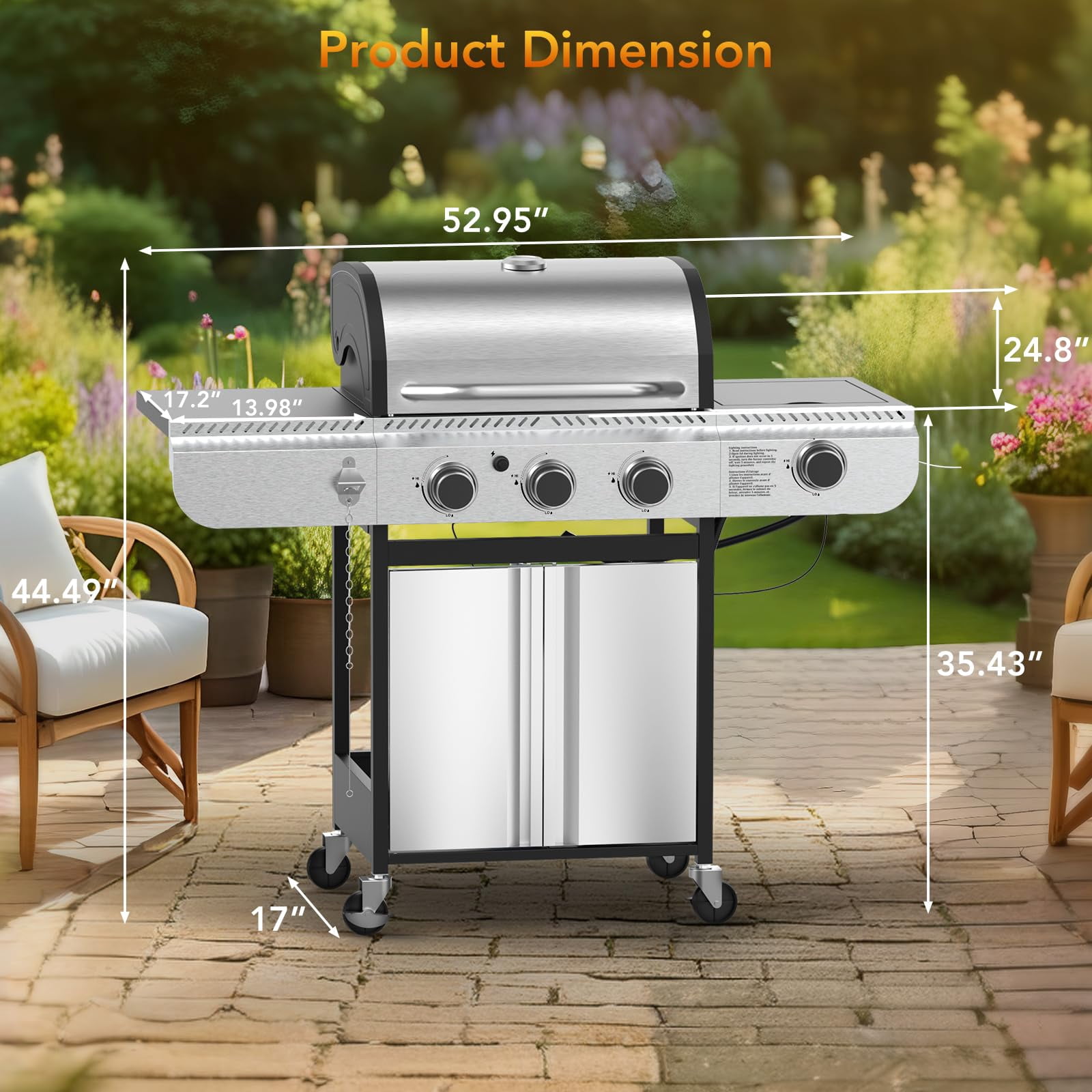 4-Burner Propane Gas BBQ Grill with Side Burner, 37,000 BTU Stainless Steel Construction with Porcelain-Enameled Grates for Outdoor Cooking, Camping, and Patio Backyard