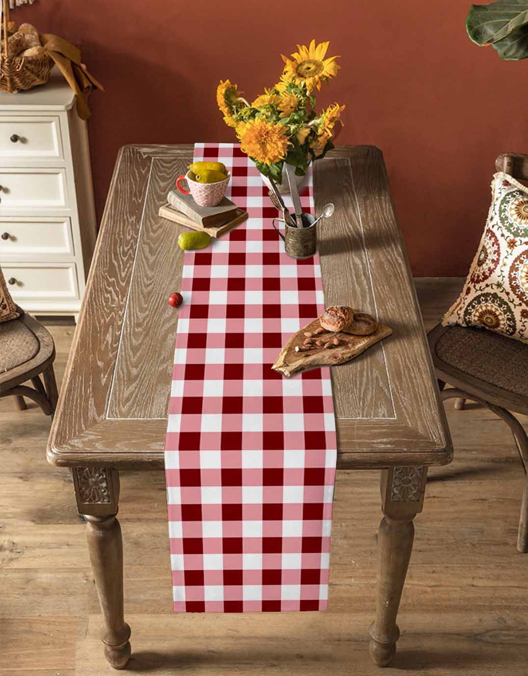 nqOlkjepod Red Farmhouse Table Runner 70 Inches Long Farmhouse Dress Scarves, Gradient Buffalo Plaid Lattice Grid Dining Tablerunner for Coffee Table/Kitchen Island/Party Décor, 13" x 70"