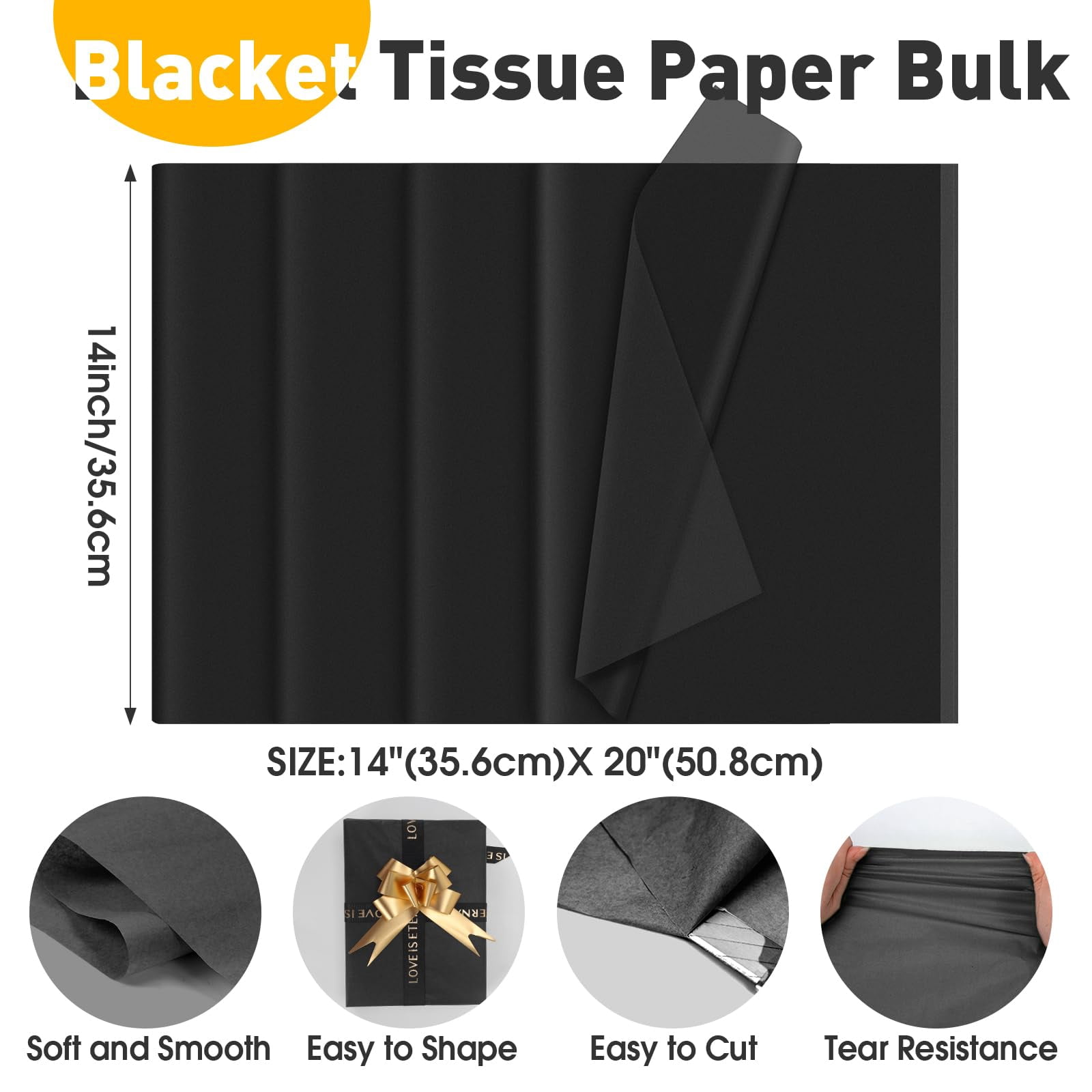 Black Gift Wrap Tissue Paper 600 Sheets 14 x 20 Inch Craft and Gift Packaging