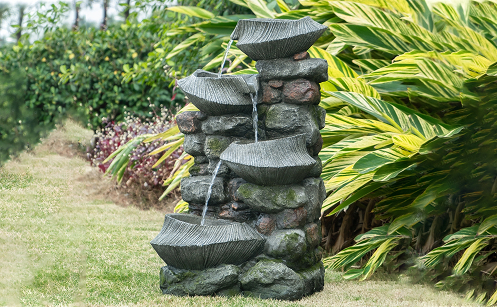 CoSoTower 19X15X31.5" Indoor Outdoor Stone Water Fountain, 4-Tier Polyresin Cascading Rock Bowl Freestanding Fountain with LED Light