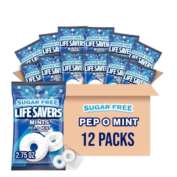 LIFE SAVERS Pep-O-Mint Sugar Free Mints | Sugar Free Hard Candy | 2.75 oz Bag | Pack of 12 | Peppermint Flavor | Ships in an Aromatik™ Damage Proof Box