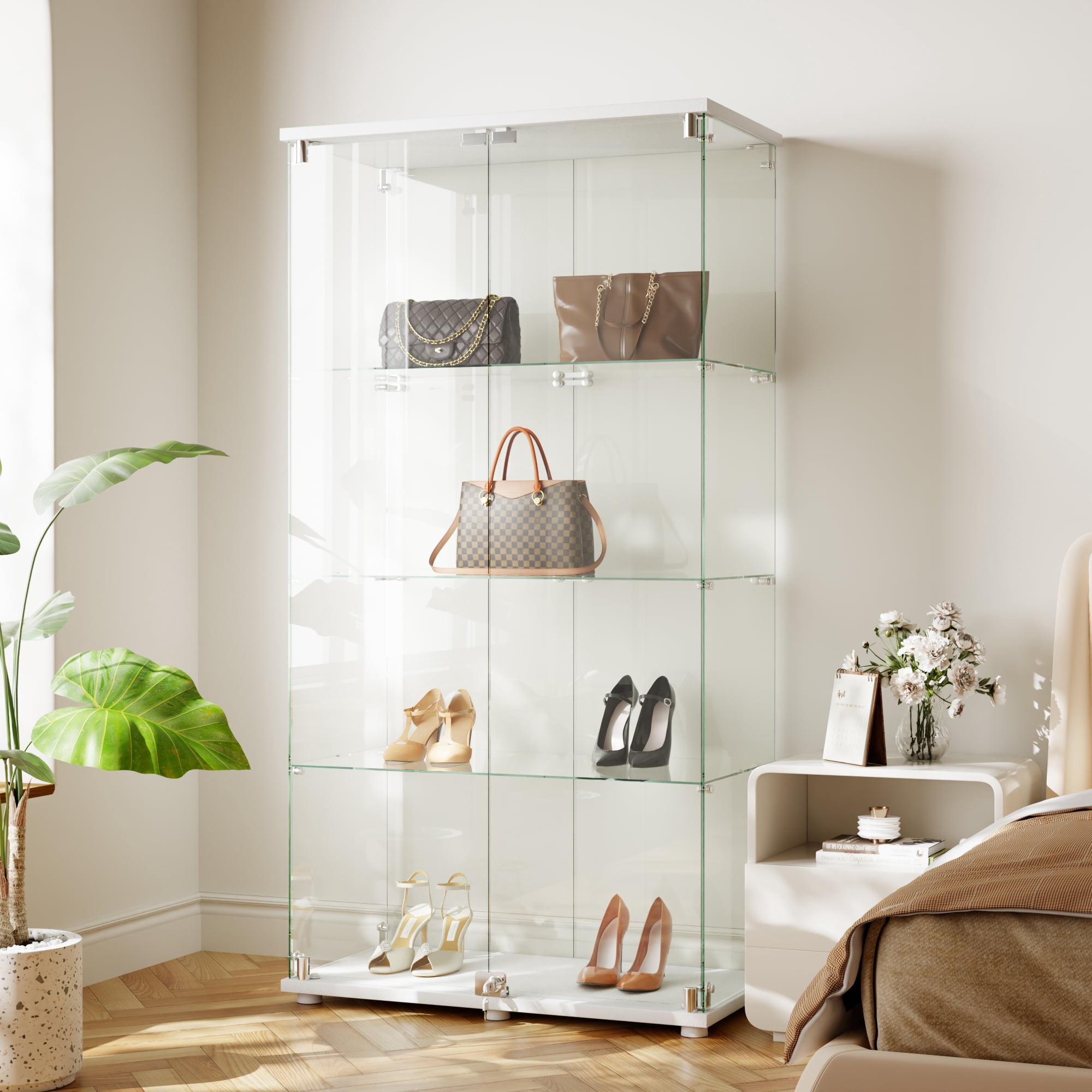 BEAUTYPEAK 64" Display Cabinet with Glass Doors, 4-Tier Double-Door Curio and Collection Showcase, White