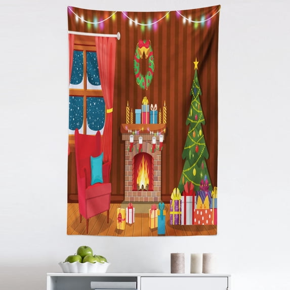 Cozy Tapestry, Christmas in Winter Night Happy Cartoon Noel Inspired Flourish Room, Fabric Wall Hanging Decor for Bedroom Living Room Dorm, 5 Sizes, Multicolor, by Ambesonne