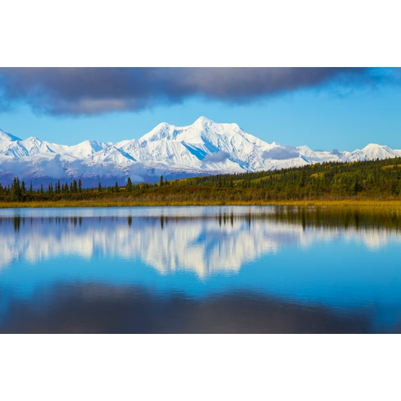 Mt. Hayes reflects in Donnelly Lake in autumn, south of Delta Junction; Alaska, United States of America Poster Print by Steven Miley / Design Pics (34 x 22)