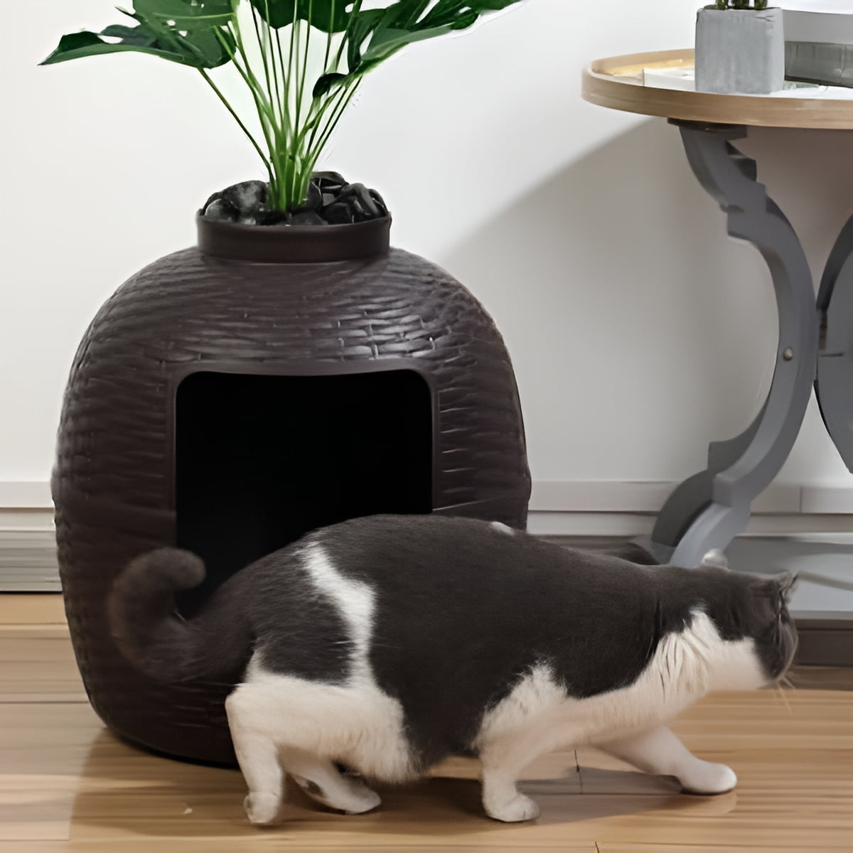 Superjoe Plastic Hidden Cat Litter Box with Carbon Filter & Real Stones, Brown