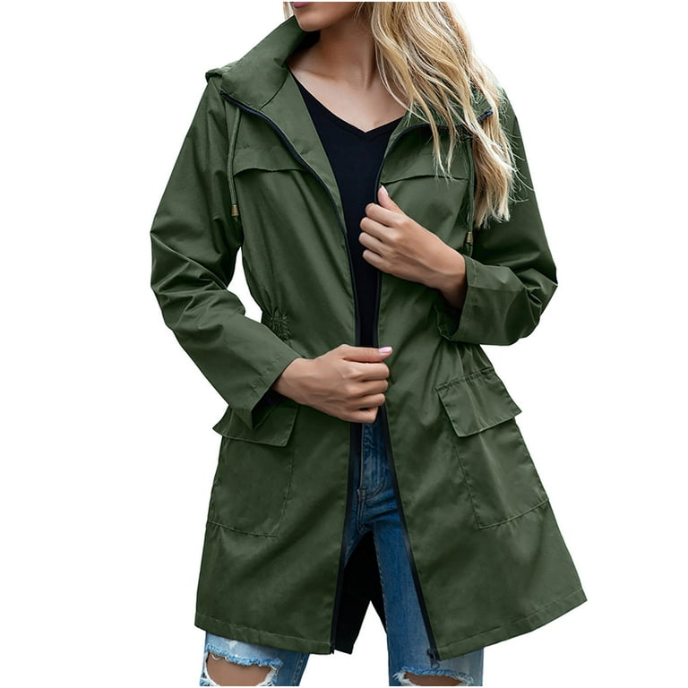 Jacenvly Rain Coat for Women Clearance Waterproof Windproof Drawstring Hooded Pocket Womens Fall Jackets Lightweight Warm Fashionable Casual Coats Hiking Mountain Ski Outdoor Sports Jacket Walmart
