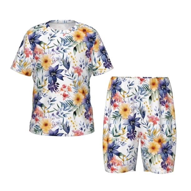 Balery Lilies Flowers Conjunto de Pijama Infantil de Manga Corta con Estampado – Ropa de Dormir de Algodón Suave-Small