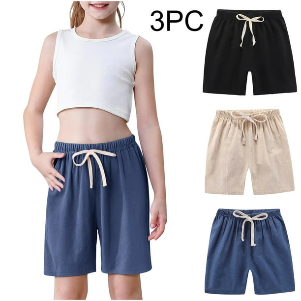 Odeerbi 2-10 Años Niños Niñas 3 Pcs Verano Algodón Lino Pantalones Cortos Entrenamiento Deportivos Cortos Lindo Color Sólido Pantalones Cortos Suaves Respirables