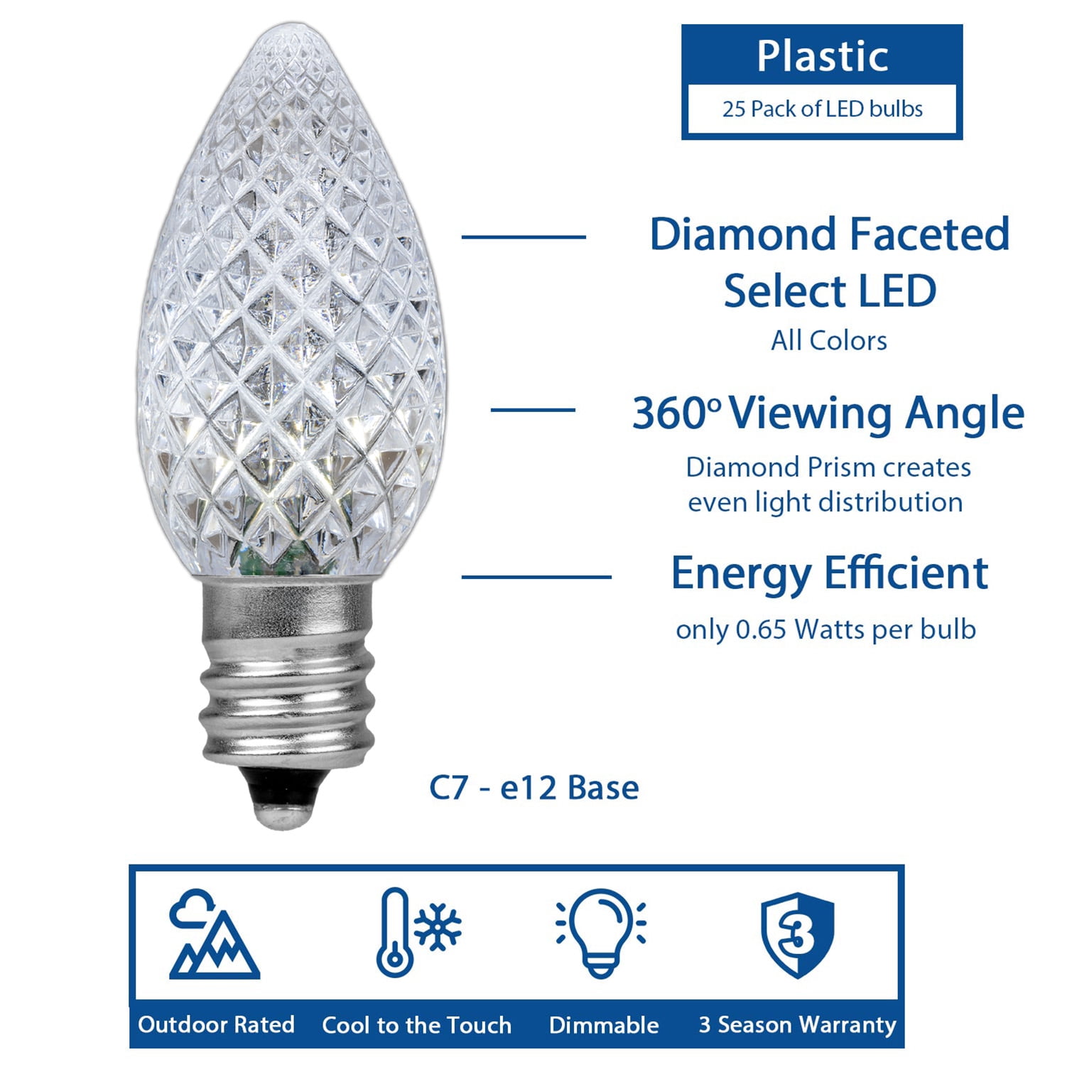 Novelty Lights Pure White C7 LED Diamond Faceted Christmas Replacement Bulbs Dimmable 25 Pack