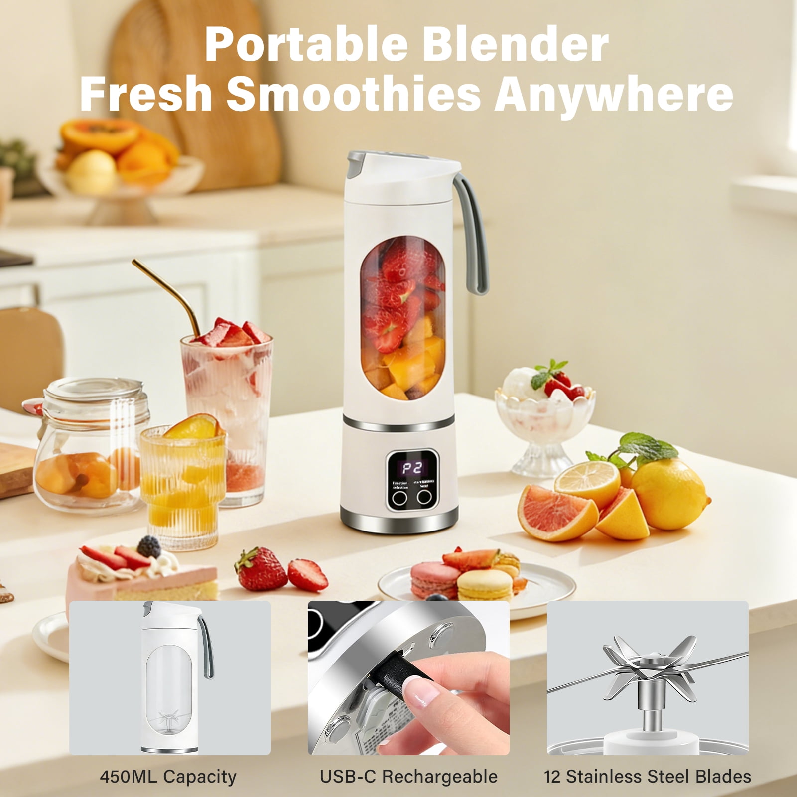 Portable Blender 450ML Type-C Rechargeable Personal Smoothie Blender, 12-Blade Portable Juicer Blender for Smoothies & Shakes, Mini Portable Juicer Travel Blender for Gym, Office & Outdoor