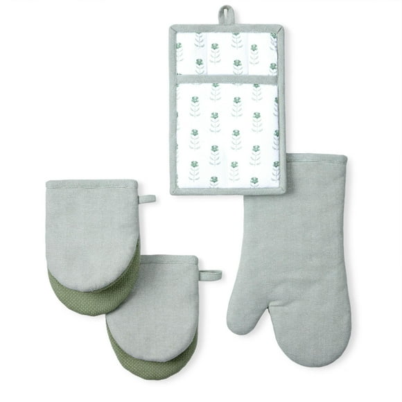 Beautiful Home by Drew Barrymore 4-Piece Oven Mitt, Pot Holder, Mini Mitt Set, Sage Green