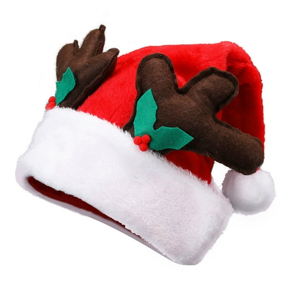Selrti Christmas Hat with Deer Antler Red Short Plush Santa Hat with Pompom Holiday Costume Accessory for Christmas Party Supplies Photo Props