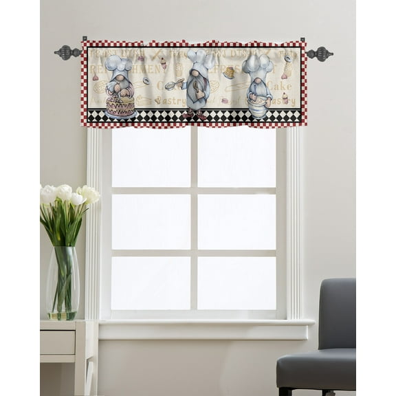 Kitchen Cafe Valance Curtain for Small Windows,Gnome Chef Kitchen Cook with Dessert Rod Pocket Valances Buffalo Plaids and Linen Flax Window Treatment Panel for Living Room/Bedroom/Bathroom,54x18in